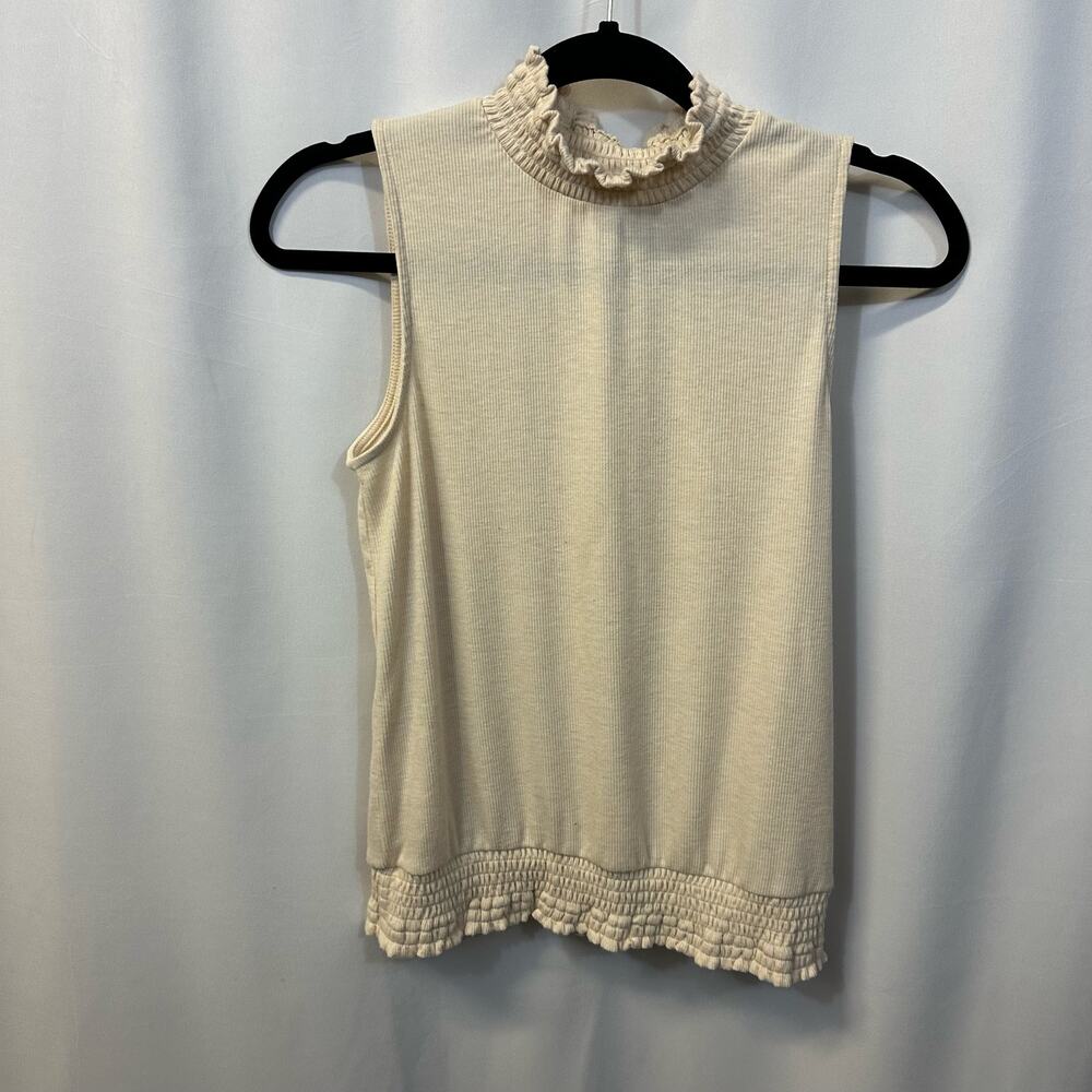 Evereve Cream Beige High Neck Ruffle Sleeveless Blouse Top Smocking Small